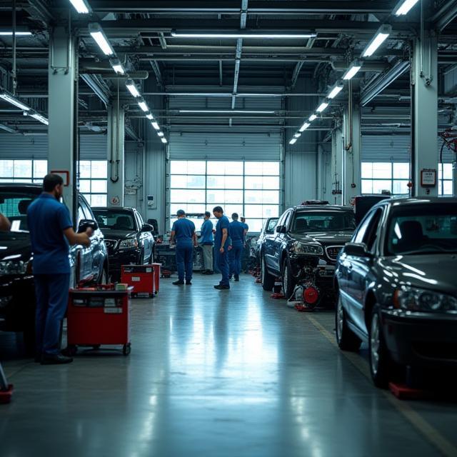 Interno officina con meccanici al lavoro